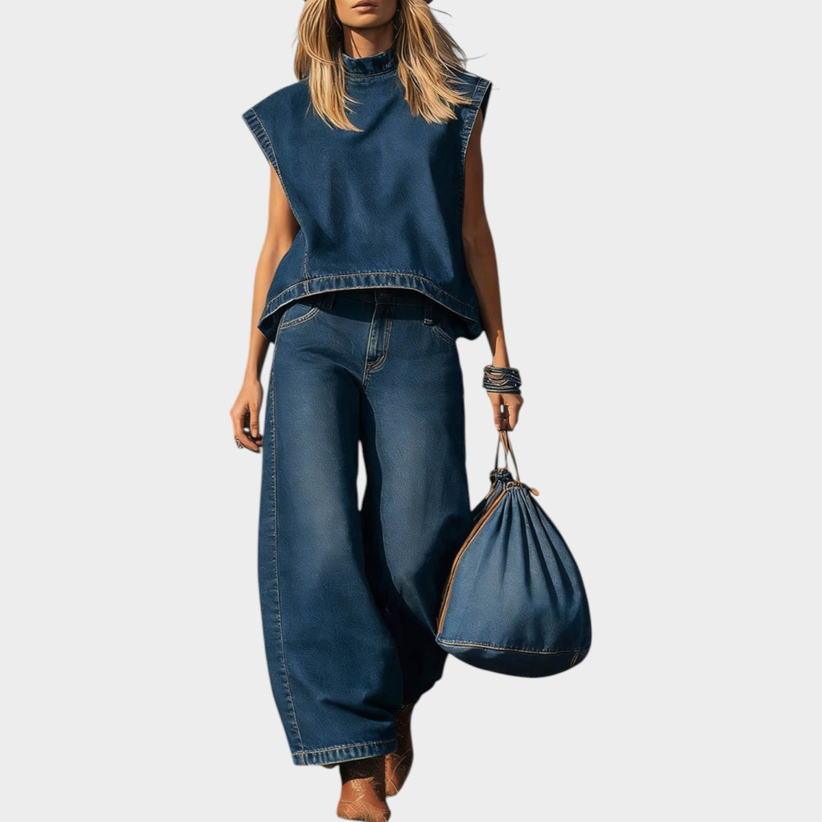 Women's Denim Sleeveless Two Piece Matching Set