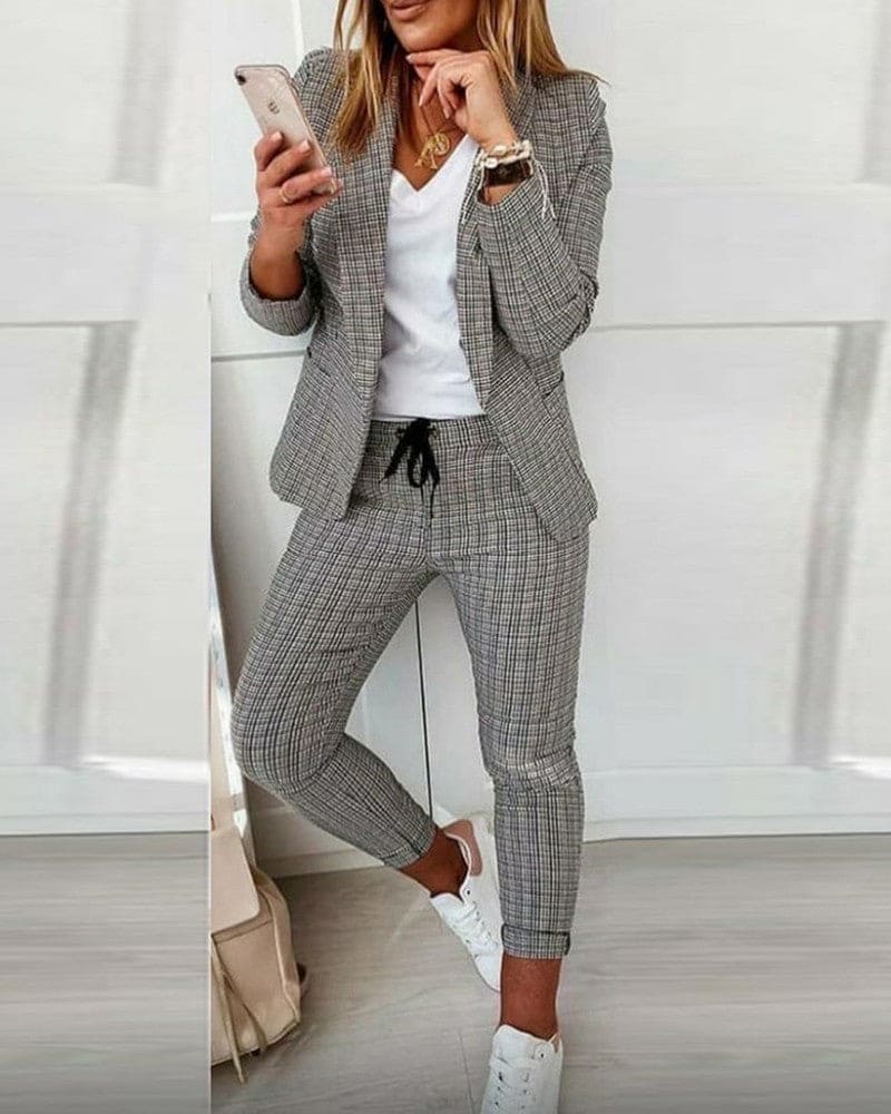Blair | Women's Long Sleeve Plaid Blazer and Slim Pants Suit Set