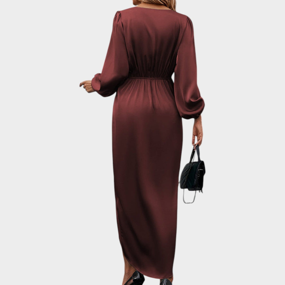 Women's Satin Midi Dress Wrap Long Sleeve