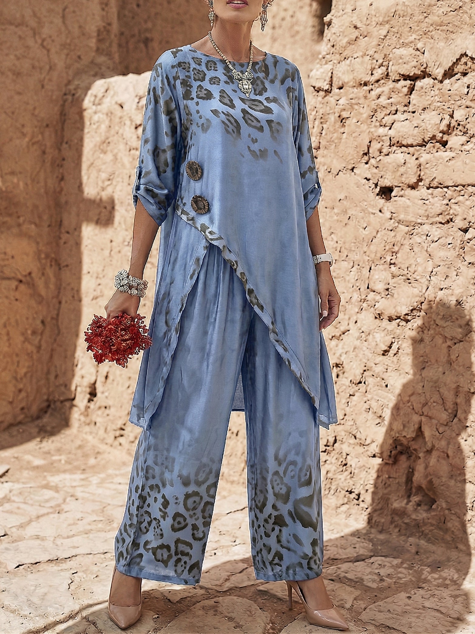 Printed Tunic Top & Wide-Leg Pants Set