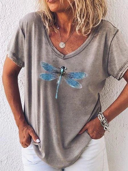 Luna | Women's Casual V-Neck Tee with Dragonfly Print - Short Sleeve