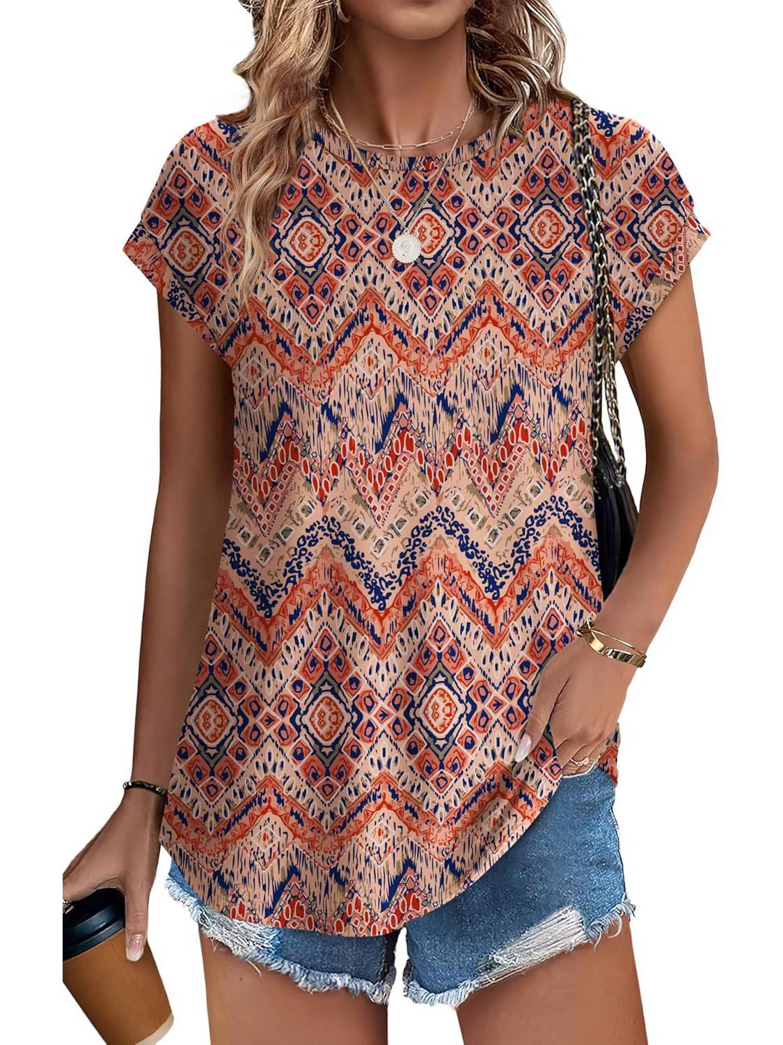 Meadow | Women's Casual Top with Leaf Print and Cap Sleeves