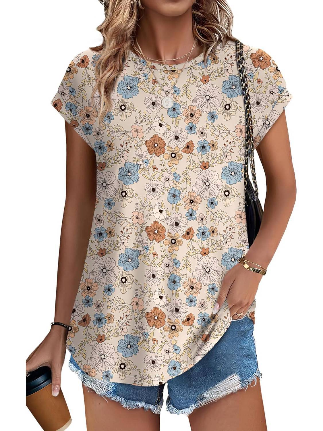 Meadow | Women's Casual Top with Leaf Print and Cap Sleeves