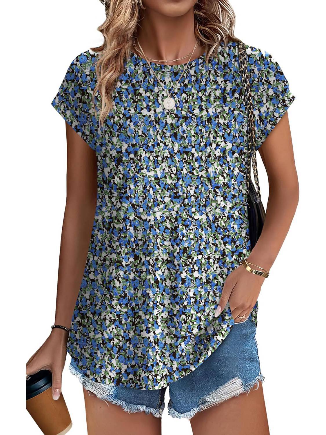 Meadow | Women's Casual Top with Leaf Print and Cap Sleeves