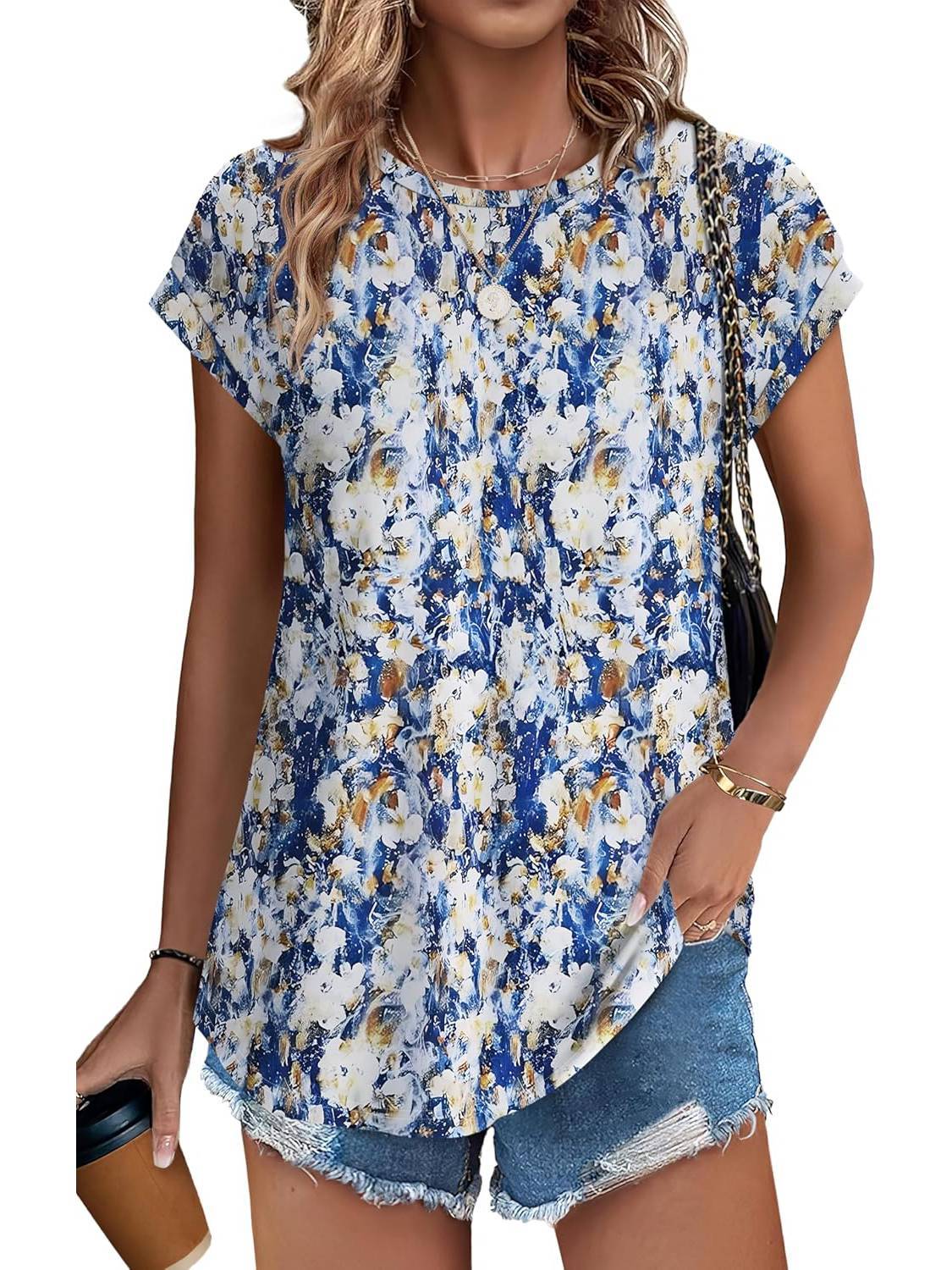 Meadow | Women's Casual Cap Sleeve Top with Leaf Print and Crew Neck
