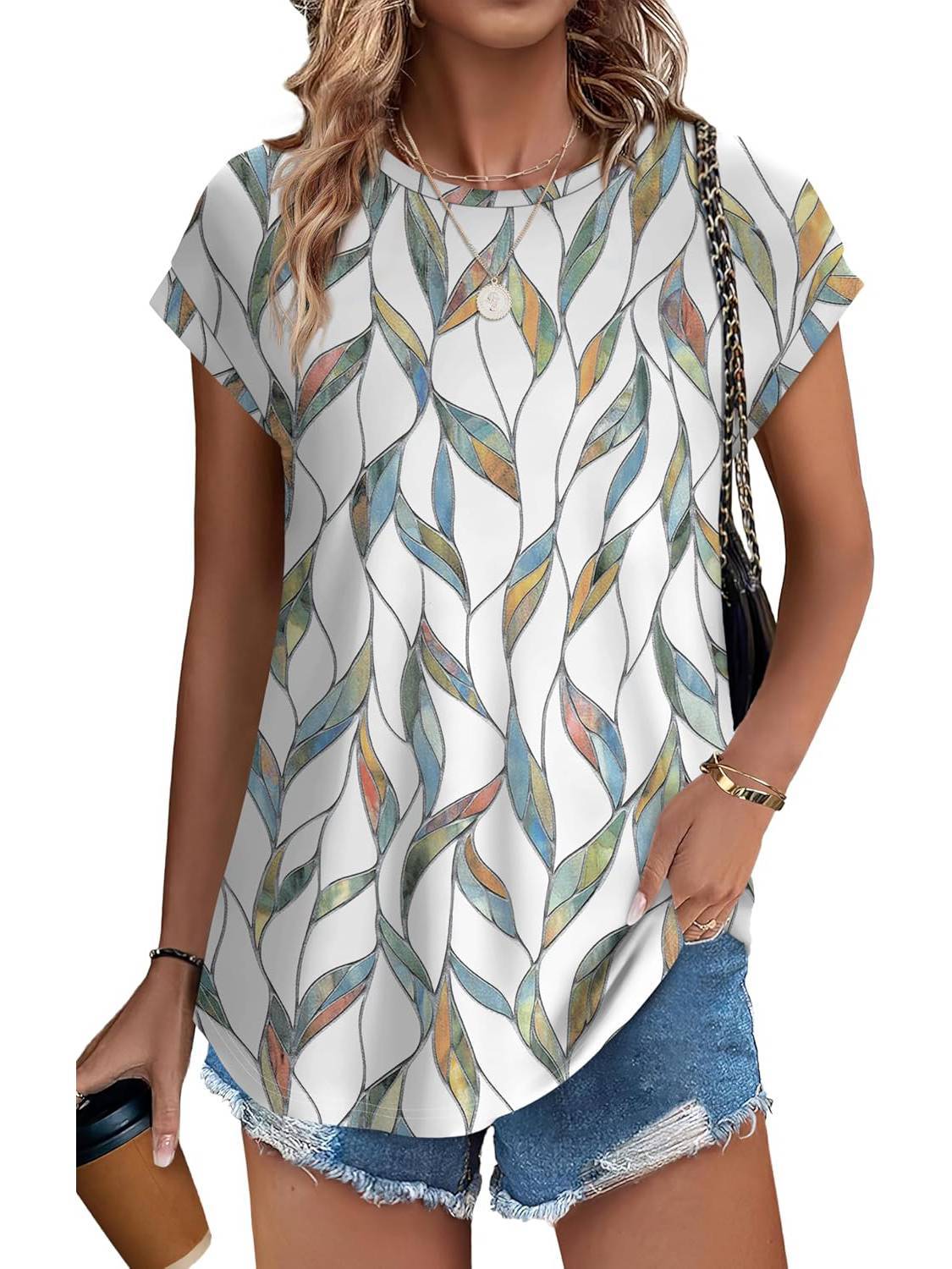Meadow | Women's Casual Top with Leaf Print and Cap Sleeves
