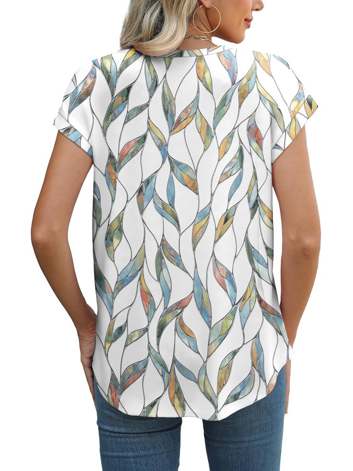 Meadow | Women's Casual Top with Leaf Print and Cap Sleeves