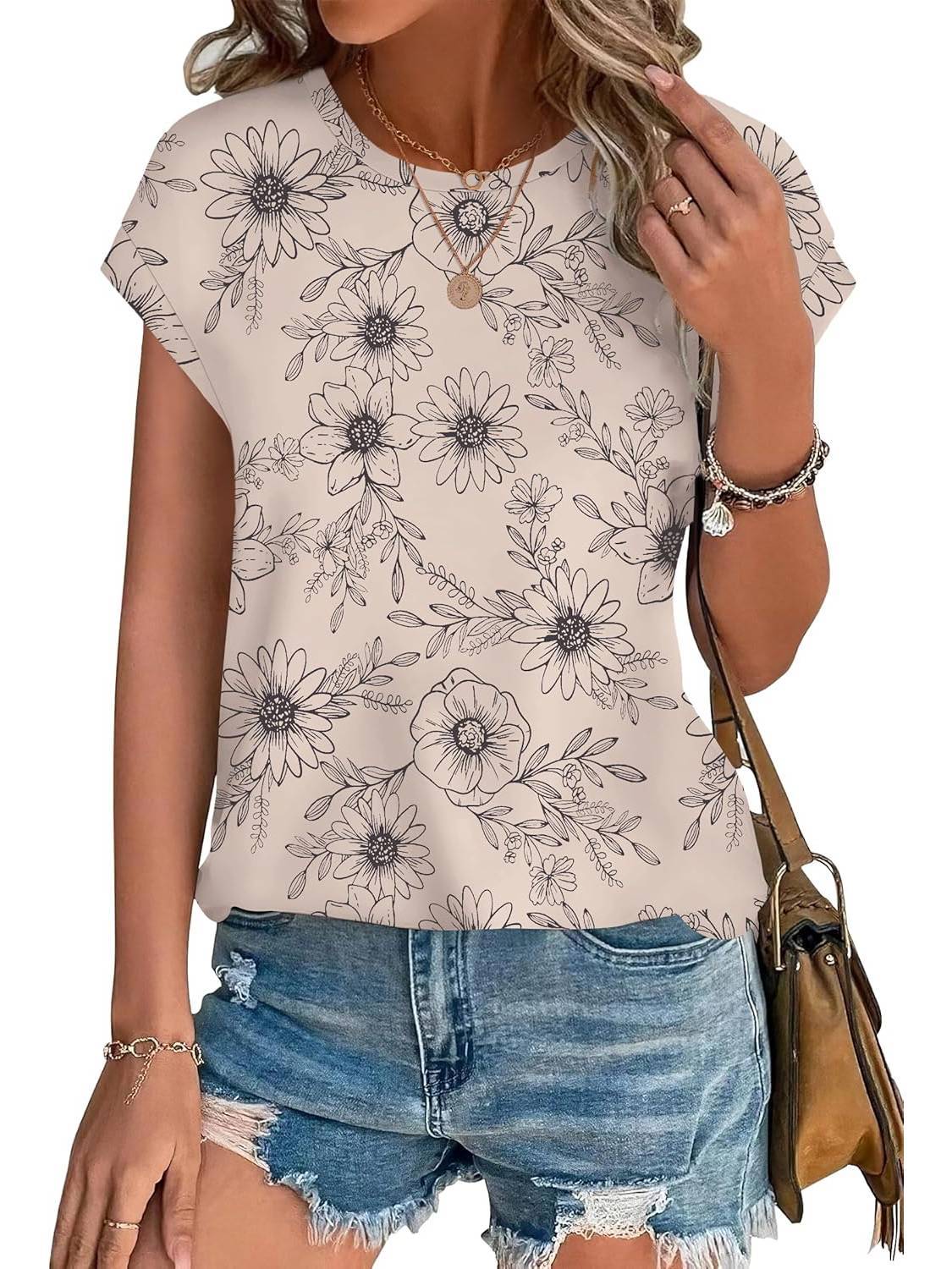 Meadow | Women's Casual Top with Leaf Print and Cap Sleeves