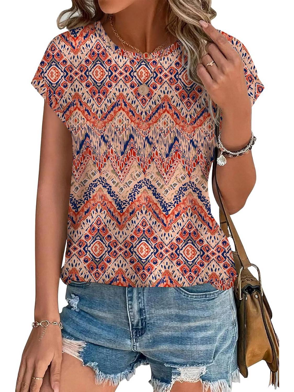 Meadow | Women's Casual Cap Sleeve Top with Leaf Print and Crew Neck