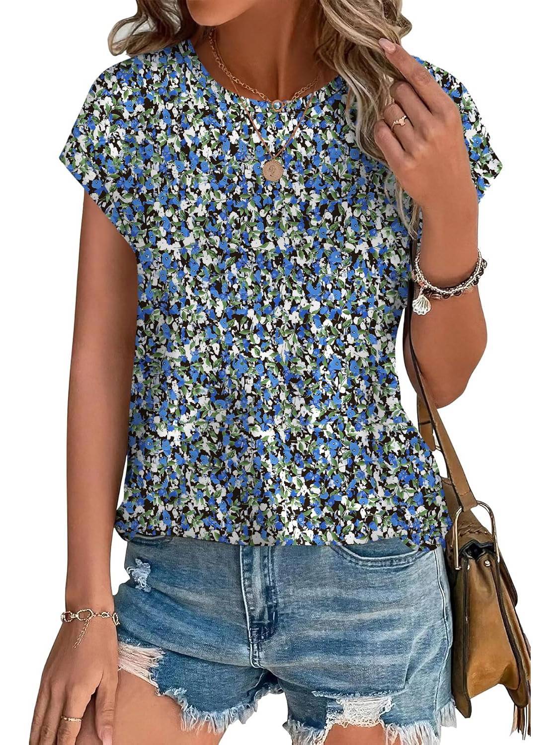 Meadow | Women's Casual Top with Leaf Print and Cap Sleeves