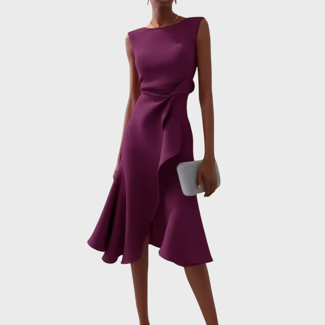 Women's Sleeveless Wedding Guest Midi Dress with Ruffle Hem