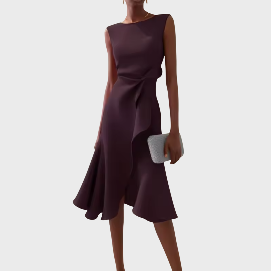Women's Sleeveless Wedding Guest Midi Dress with Ruffle Hem