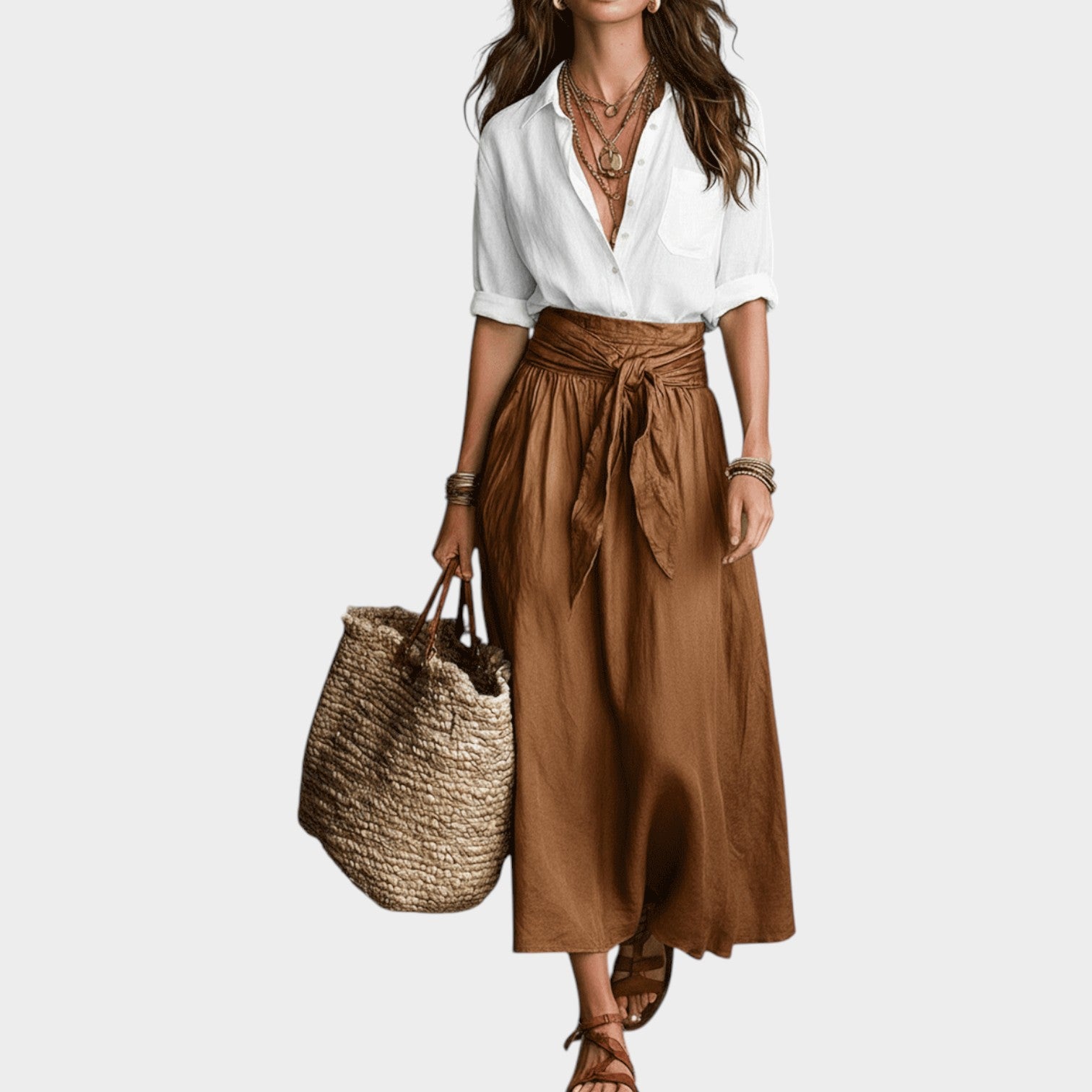 Linen Boho Two Piece Set Button Shirt & Maxi Skirt