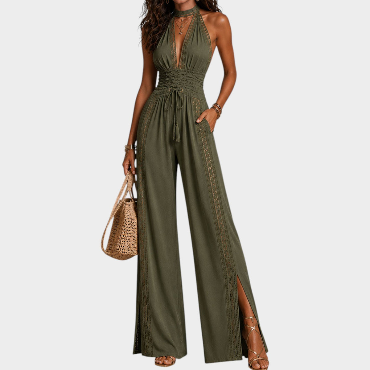 Women's Jumpsuit Boho Ruched Waist Wide-Leg Fit