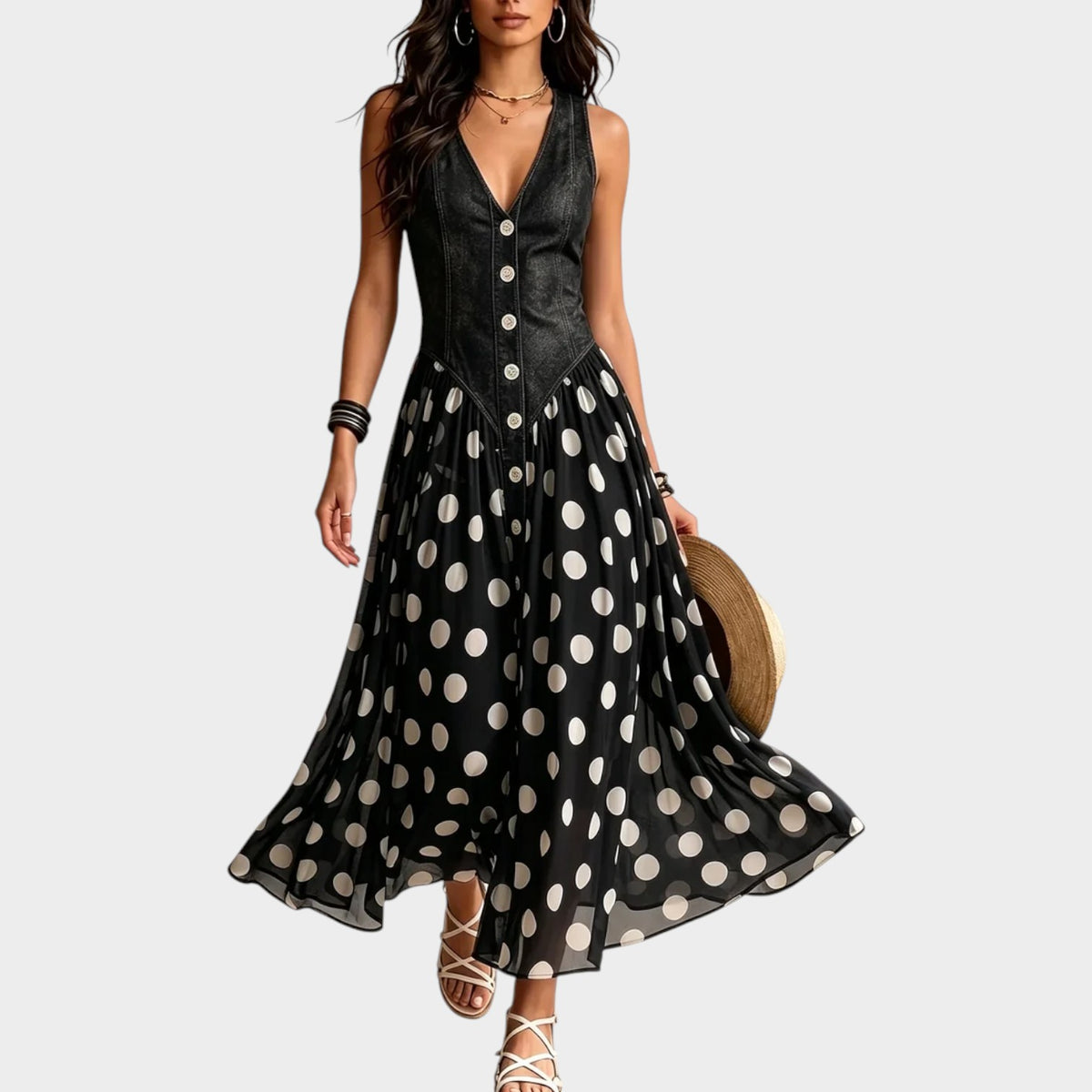 Women's Denim Maxi Dress with Polka Dot Print