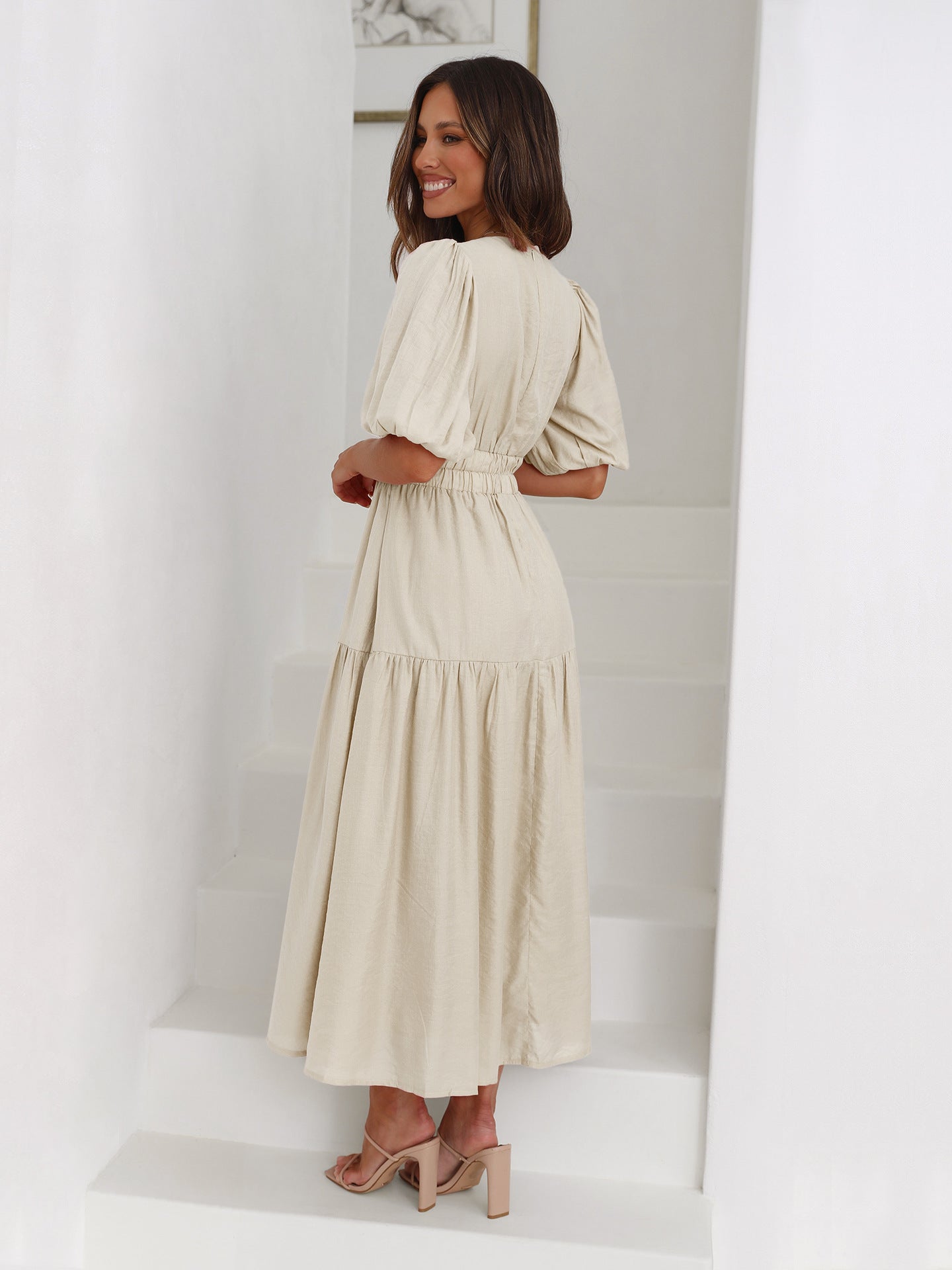 Noelle | Women's Midi Dress with V-Neck and Puff Sleeves Featuring Smocked Waist
