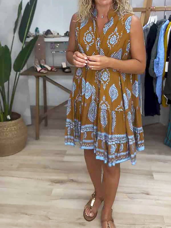 Zara | Women's Tiered Mini Dress with Boho Print and V-Neck Sleeveless Design