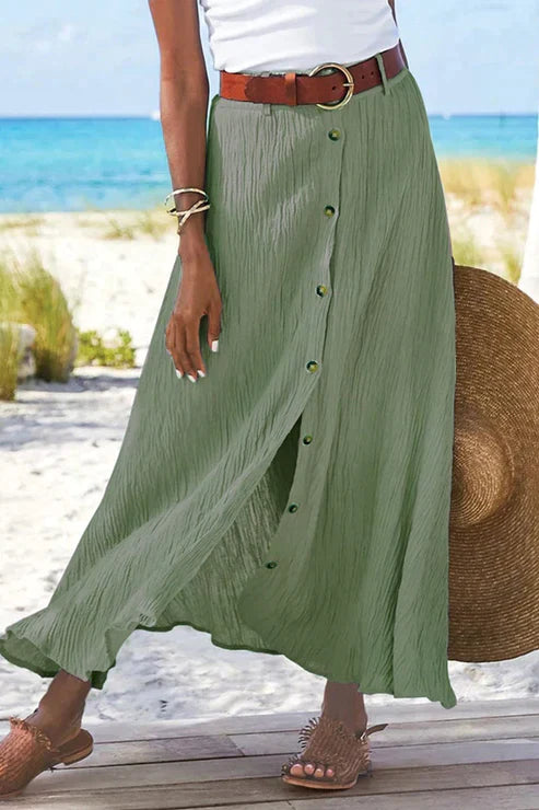 Coral Women's High-Waist Maxi Skirt with Button Front - Linen Style