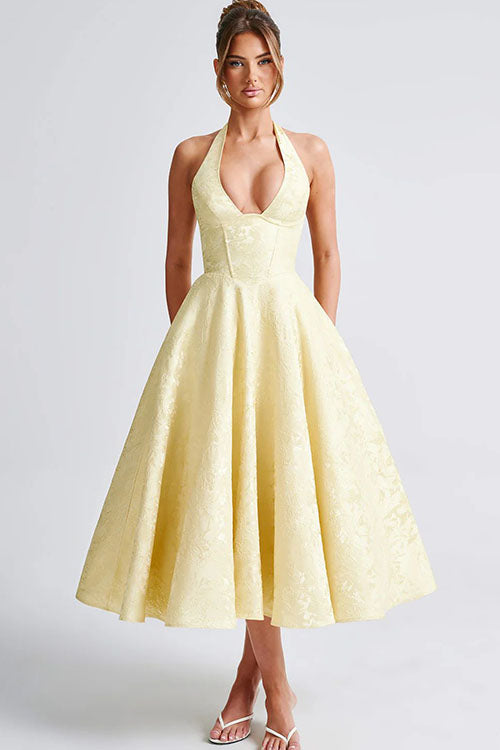 Genevieve™ | Sleeveless Jacquard Maxi Dress with V-Neck Halterneck Design