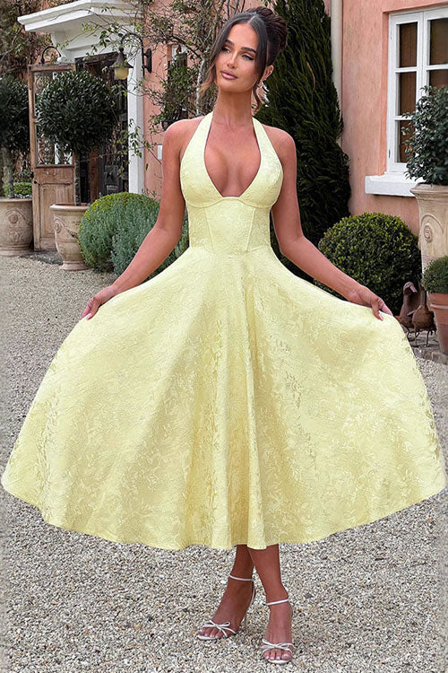 Genevieve™ | Sleeveless Jacquard Maxi Dress with V-Neck Halterneck Design