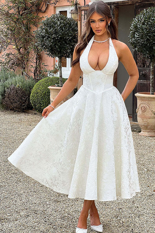 Genevieve™ | Sleeveless Jacquard Maxi Dress with V-Neck Halterneck Design