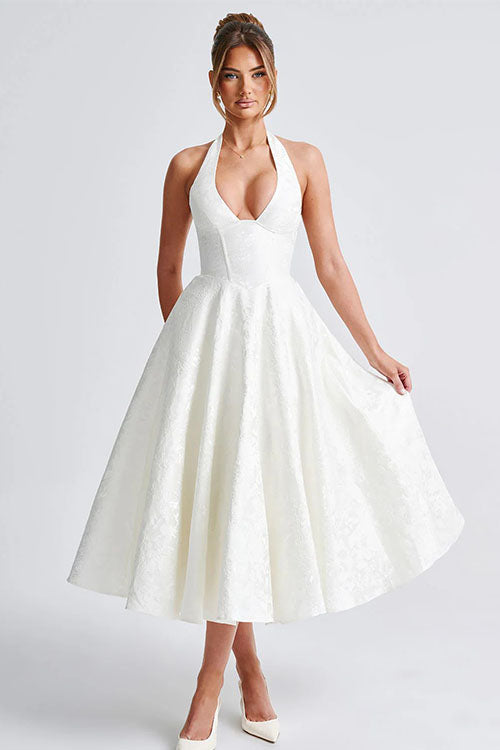 Genevieve™ | Sleeveless Jacquard Maxi Dress with V-Neck Halterneck Design