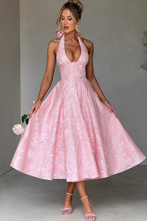 Genevieve™ | Sleeveless Jacquard Maxi Dress with V-Neck Halterneck