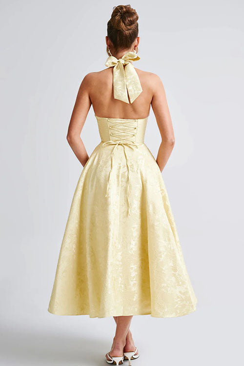 Genevieve™ | Sleeveless Jacquard Maxi Dress with V-Neck Halterneck Design