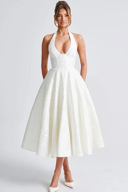Genevieve™ | Sleeveless Jacquard Maxi Dress with V-Neck Halterneck