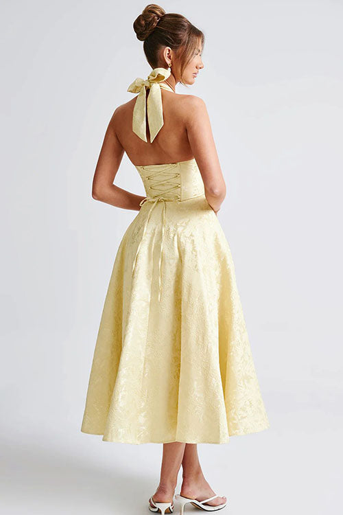 Genevieve™ | Sleeveless Jacquard Maxi Dress with V-Neck Halterneck Design