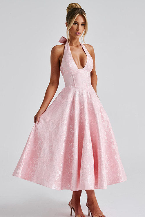 Genevieve™ | Sleeveless Jacquard Maxi Dress with V-Neck Halterneck