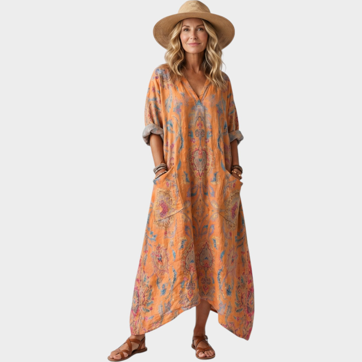 Women's Boho Midi Dress Oversized V-Neck