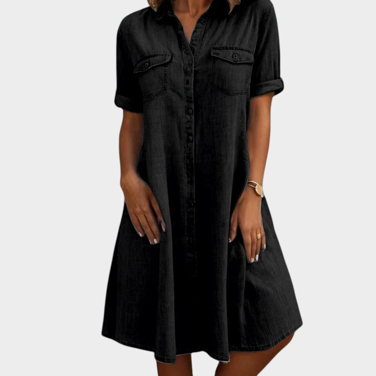 Women’s Denim Shirt Dress with Button Front and Roll-Up Sleeves