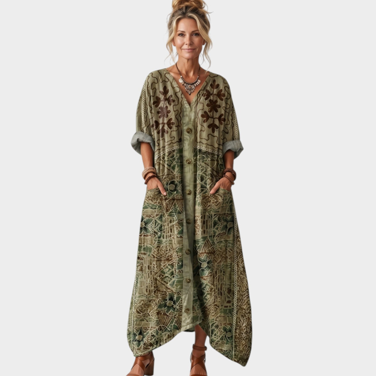 Women's Boho Maxi Dress Button Front Oversized