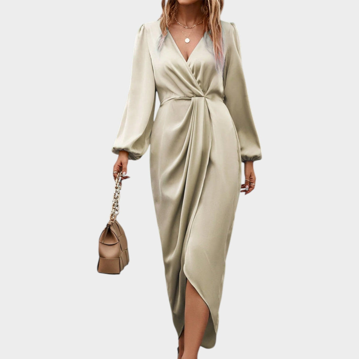 Women's Satin Midi Dress Wrap Long Sleeve