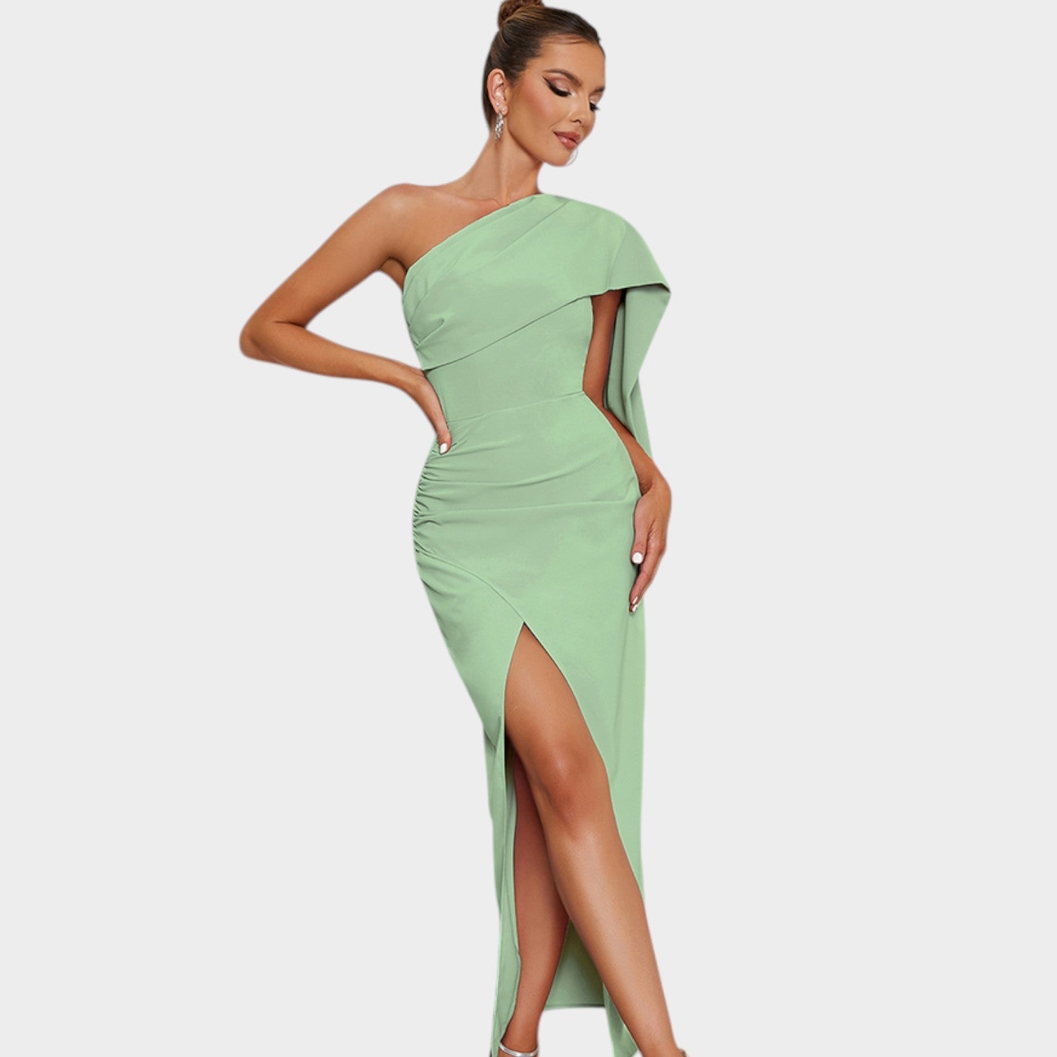 Draped One Shoulder Midi Wedding Guest Dress