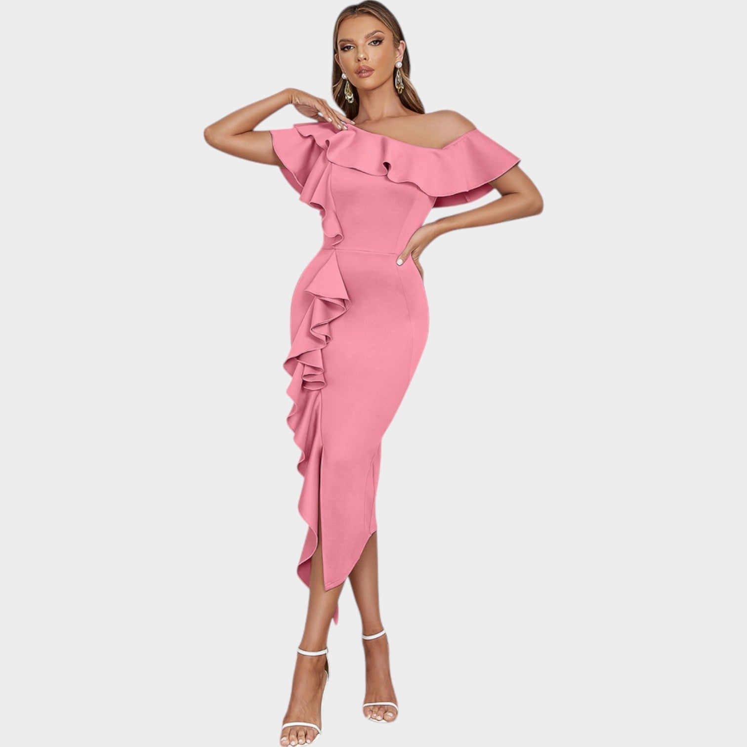 Ruffle Midi Off-Shoulder Wedding Guest Dress