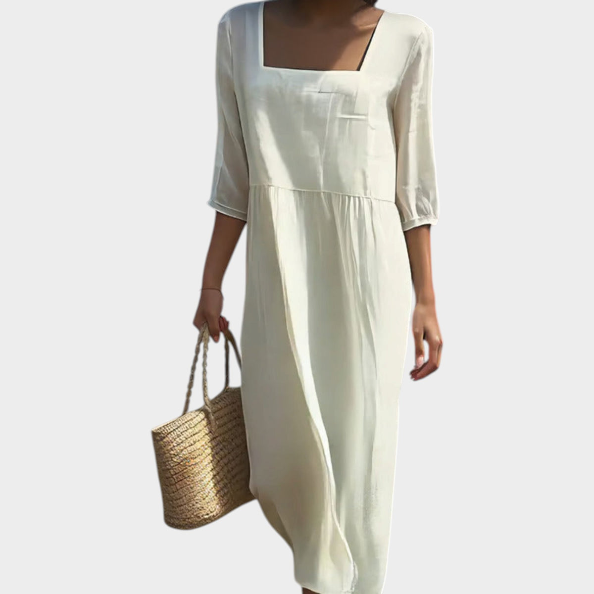 Women’s Casual Midi Dress with Square Neckline and Three-Quarter Sleeves