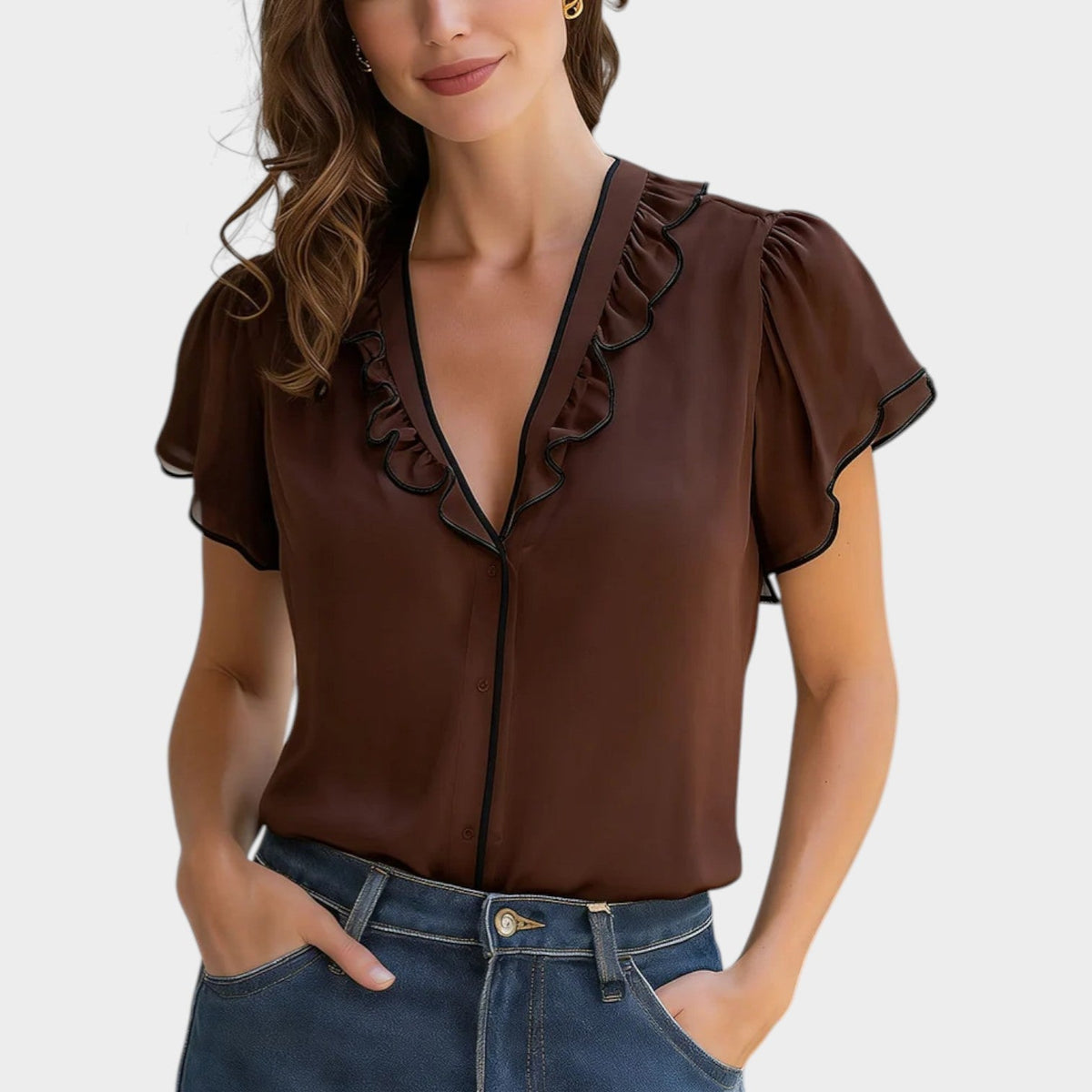 Women's Top Ruffled V-Neck Short Sleeve Blouse