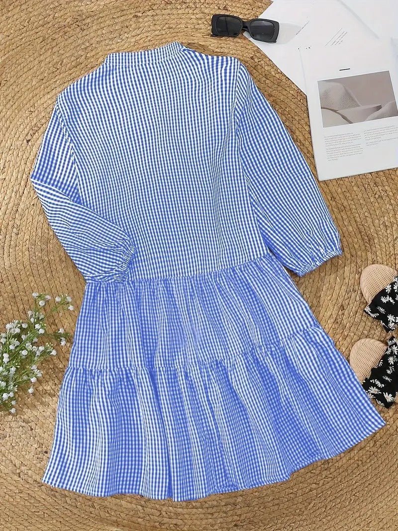 Rosie | Women's 3/4 Sleeve Gingham Print Button-Up Mini Dress