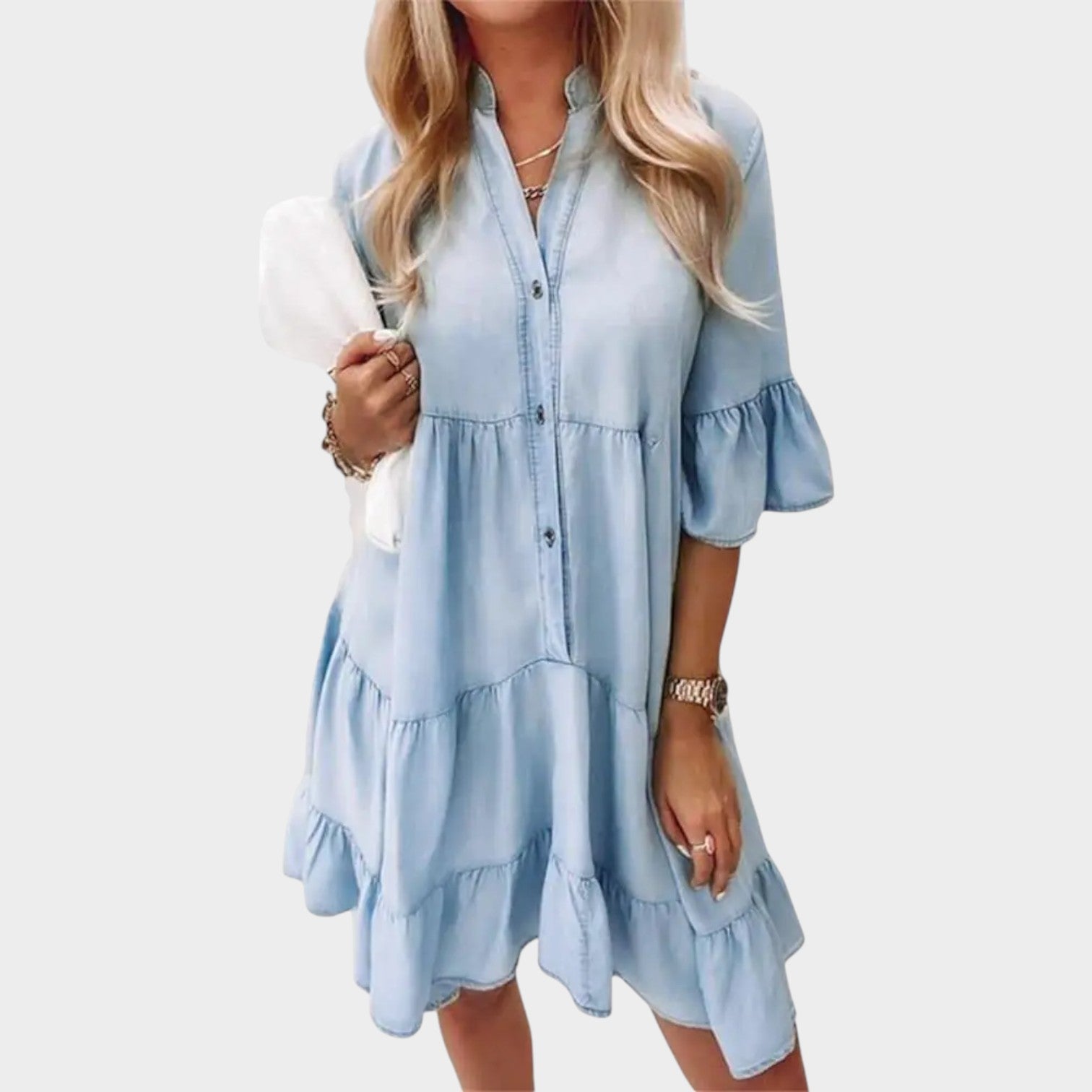 Button-Front Tiered Summer Shirt Dress