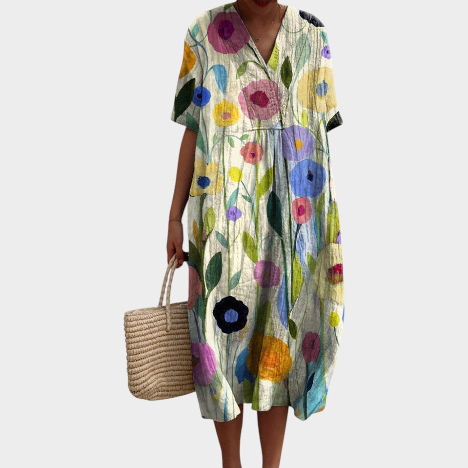 Casual V-Neck Floral Midi Summer Dress