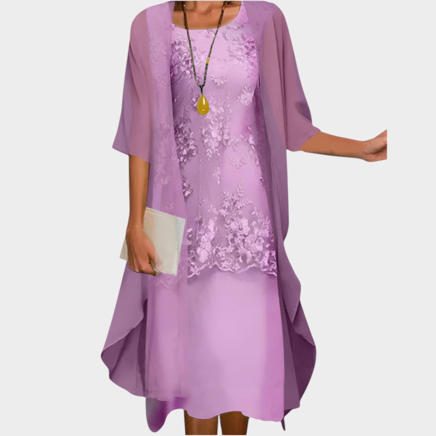 Lace Overlay Wedding Guest Midi Dress with Chiffon Jacket