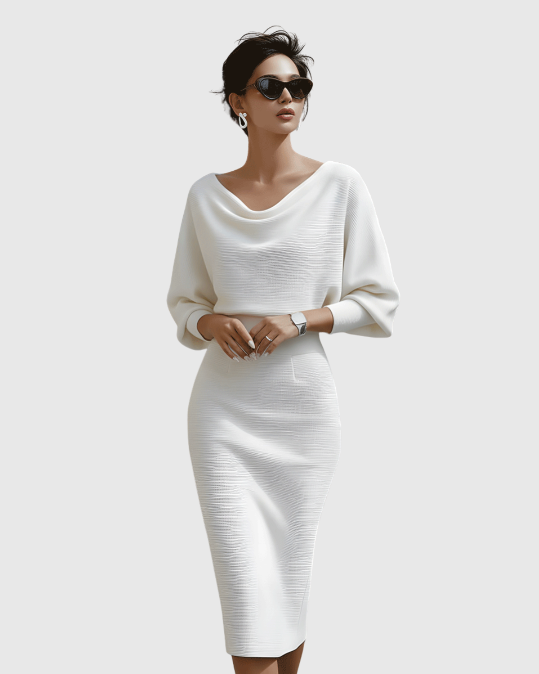 Vivienne | Women's Ribbed Midi Dress with Cowl Neck and Batwing Sleeves
