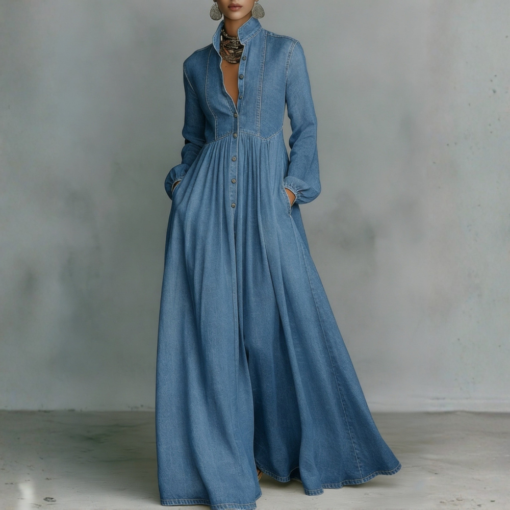 Button-Front Denim Maxi Dress