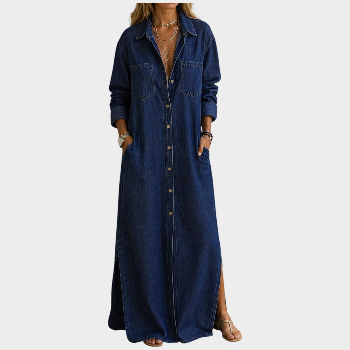 Women's Denim Maxi Dress Button Down Collared