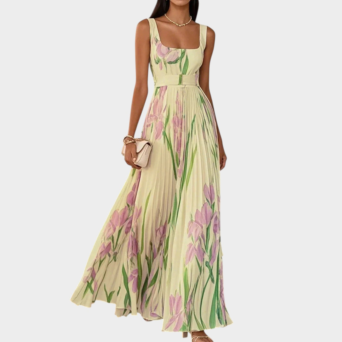 Women’s Pleated Maxi Dress Floral Print Square Neck Sleeveless