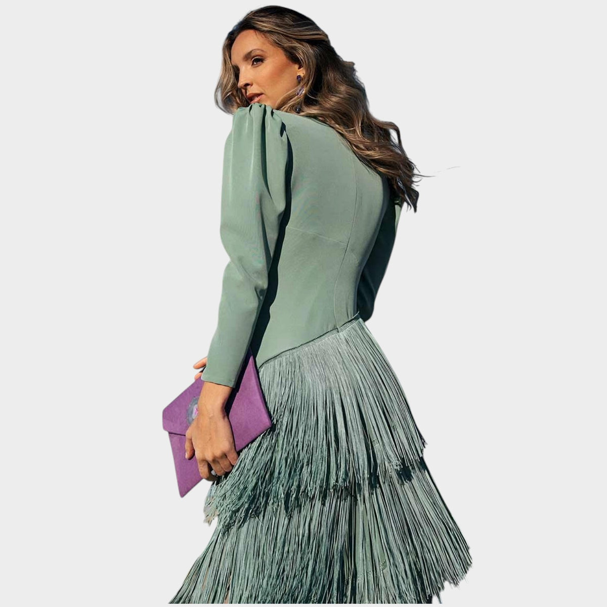 Women’s Maxi Fringe Dress with V-Neck and Long Sleeves