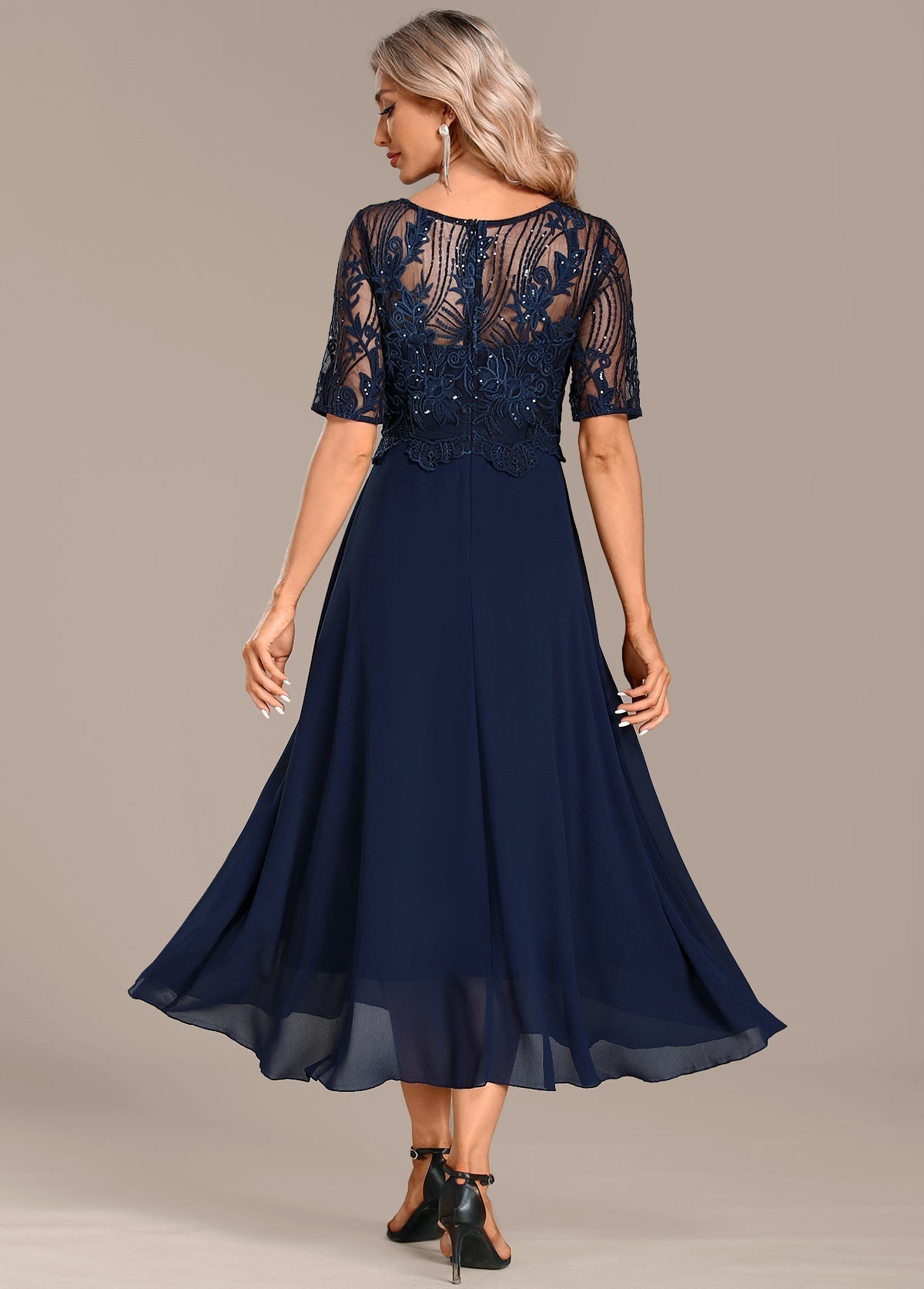 Katherine™ Navy Lace Short Sleeve Round Neck Dress