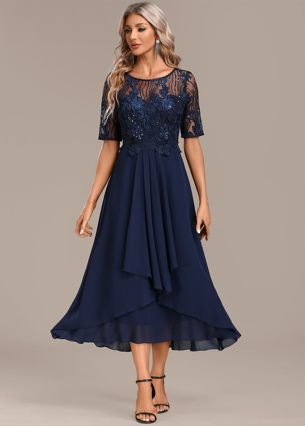 Katherine™ Navy Lace Short Sleeve Round Neck Dress